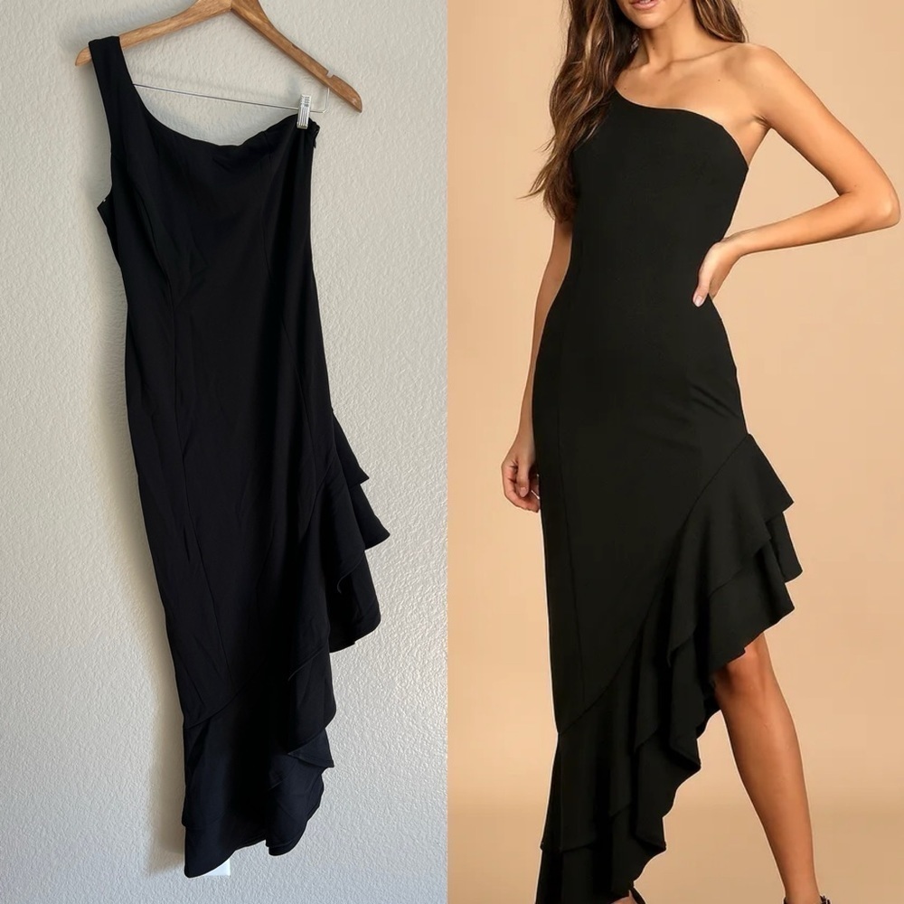 NWOT Steal a Glance Black One-Shoulder Asymmetrical Midi Dress
